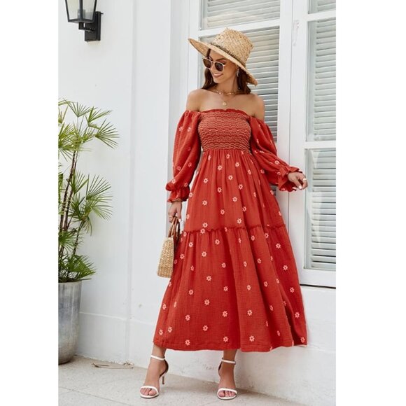 Women XS/S Floral Embroidered Midi Maxi Dress Long Puff Sleeve Square Neck - Picture 2 of 16